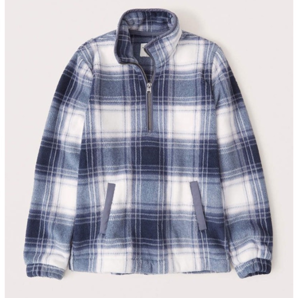 Abercrombie and Fitch Half-Zip Sherpa Sweatshirt. Blue Plaid. NWOT. XS